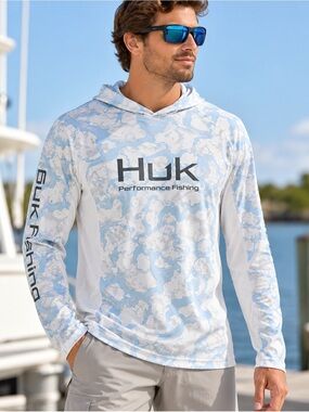 Huk Icon X Inside Reef Performance Fishing Hoodie Blue White Camo S
